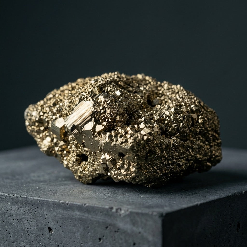 Pyrite Crystal Cluster — Cubic Habit, Brassy Metallic Luster, 381g — detail view