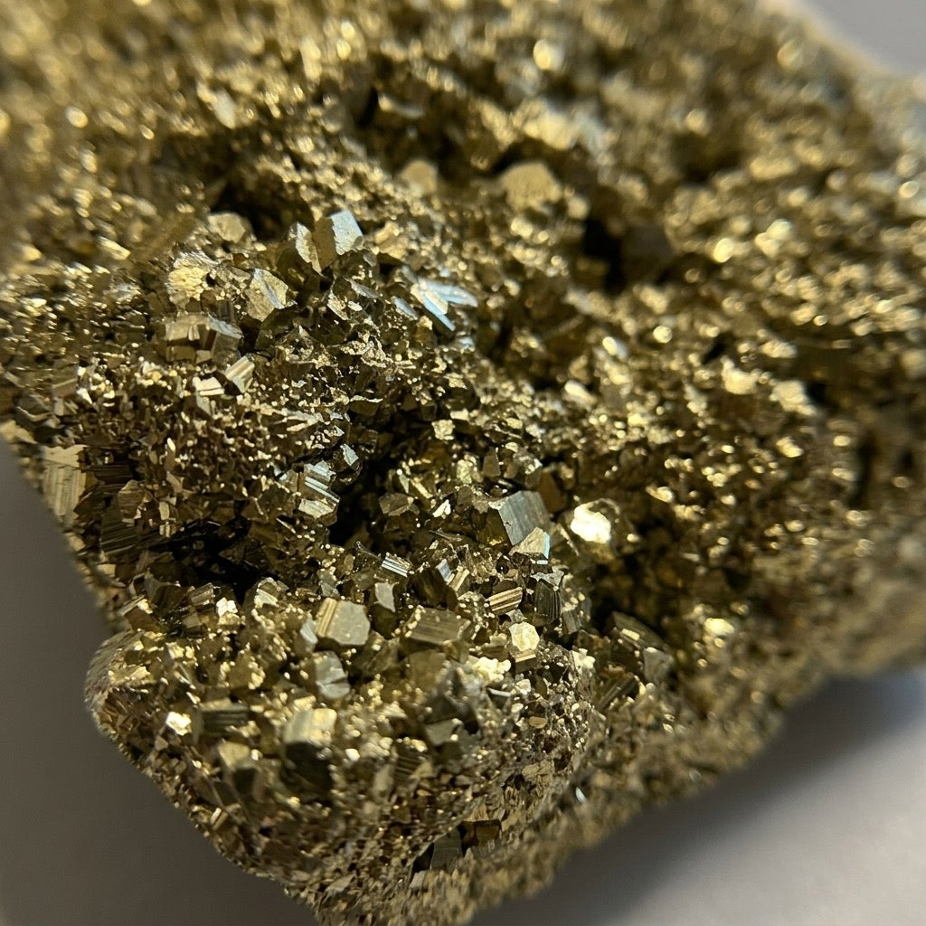 Pyrite Crystal Cluster — Cubic Habit, Brassy Metallic Luster, 381g — detail view