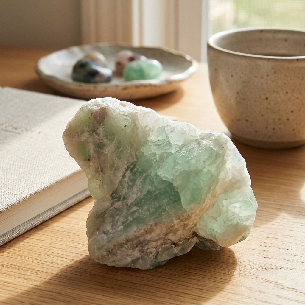 Green Fluorite Crystal — Translucent Natural Crystal, Cubic System, 153g — detail view