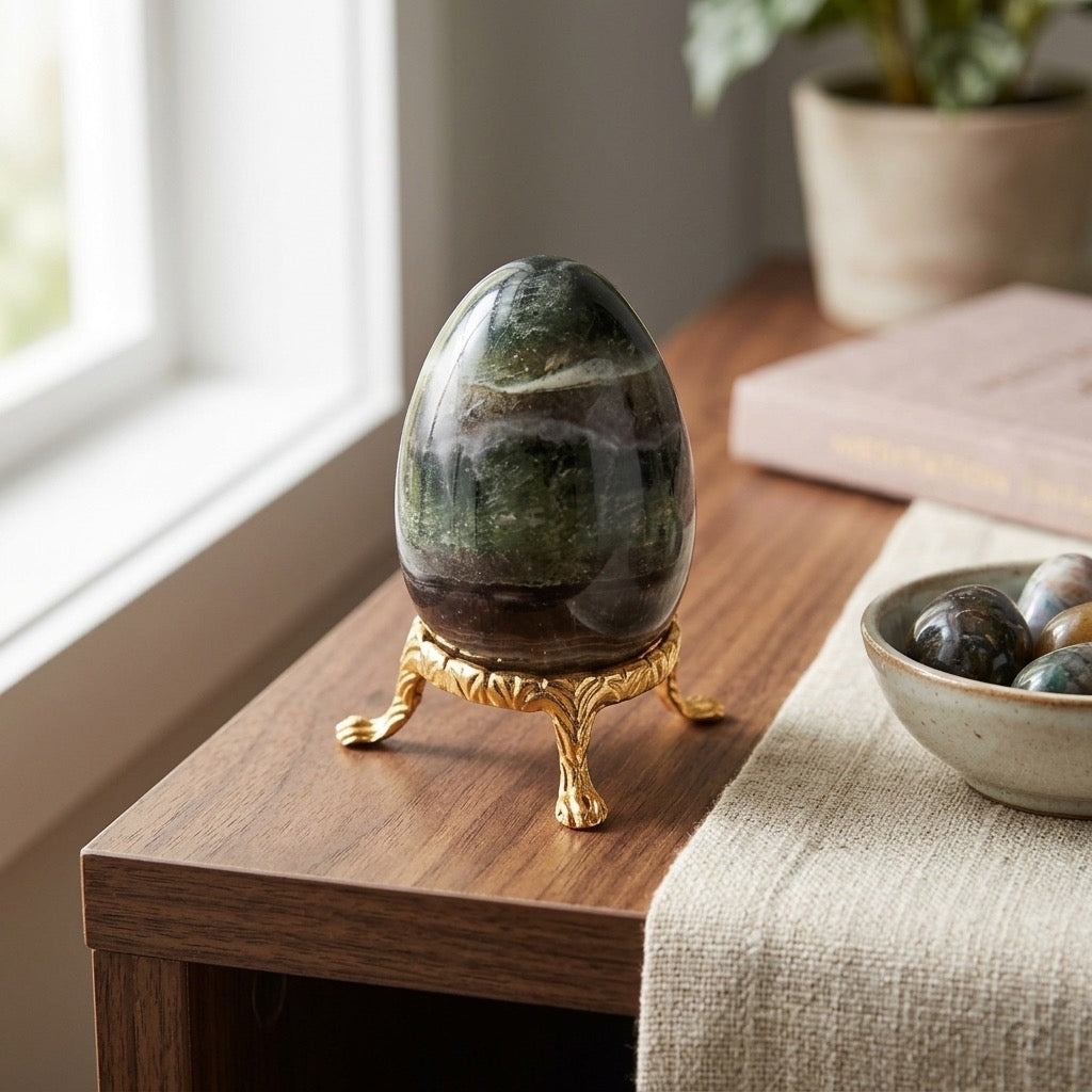 Green Fluorite Egg — Translucent Polished Carving, 128g — detail view