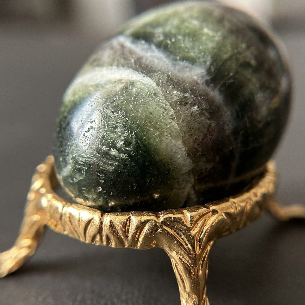 Green Fluorite Egg — Translucent Polished Carving, 128g — detail view
