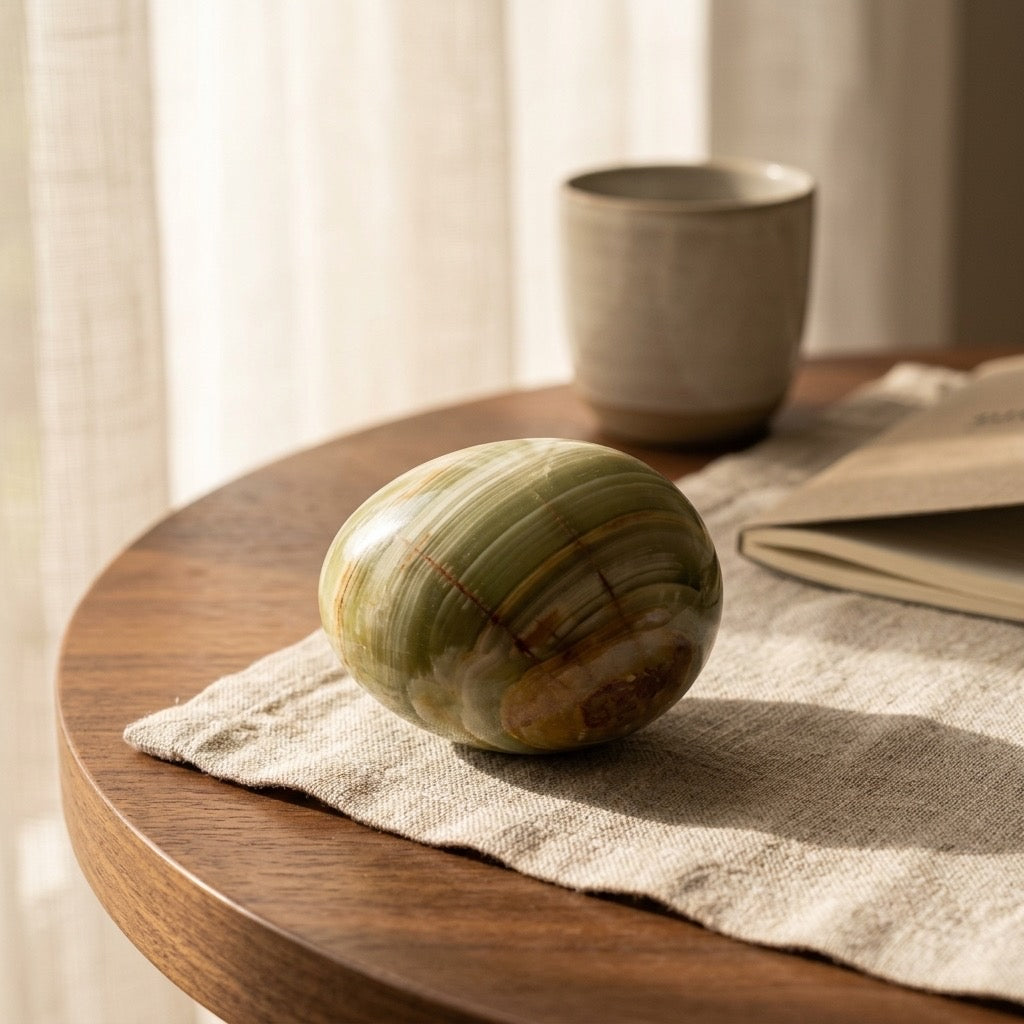 Green Onyx Egg — Banded Green Chalcedony, Polished, 314g — detail view