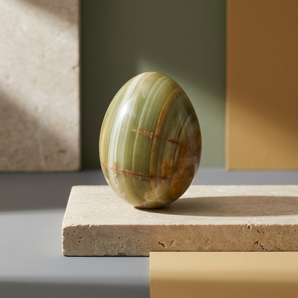 Green Onyx Egg — Banded Green Chalcedony, Polished, 314g — detail view