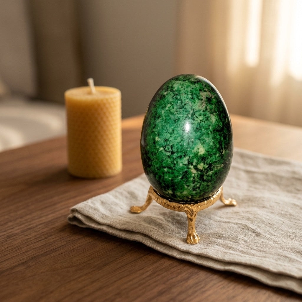 Serpentine Stone Egg — Polished Green, Smooth Carving, 151g — detail view