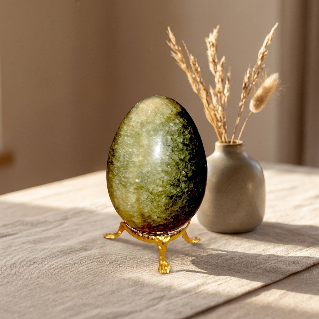 Vesuvianite Stone Egg — Polished Green, Idocrase Calcium Silicate, 261g — detail view