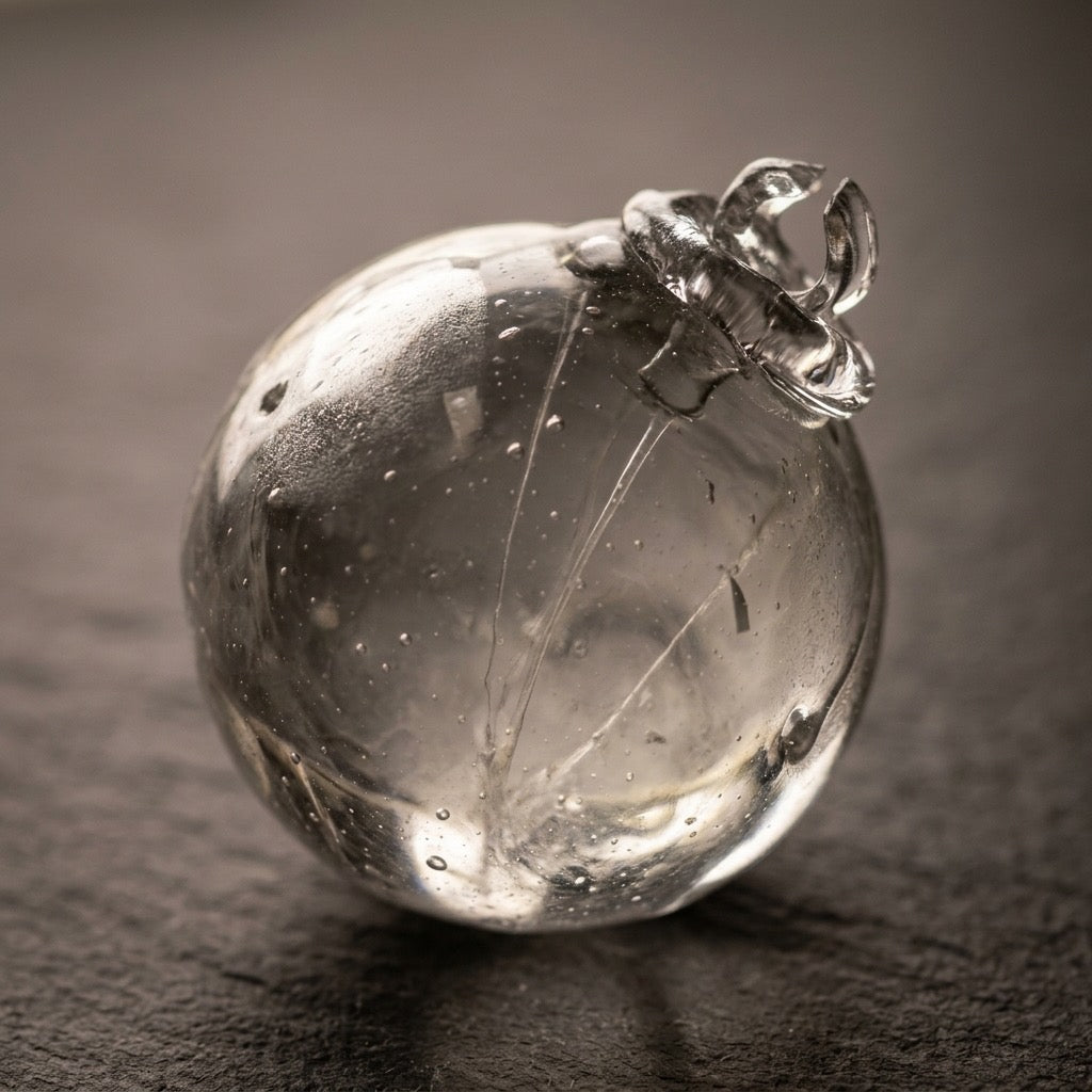 Hand-Blown Glass Witch Ball — Smoky Grey-Green with Interior Strands — detail view
