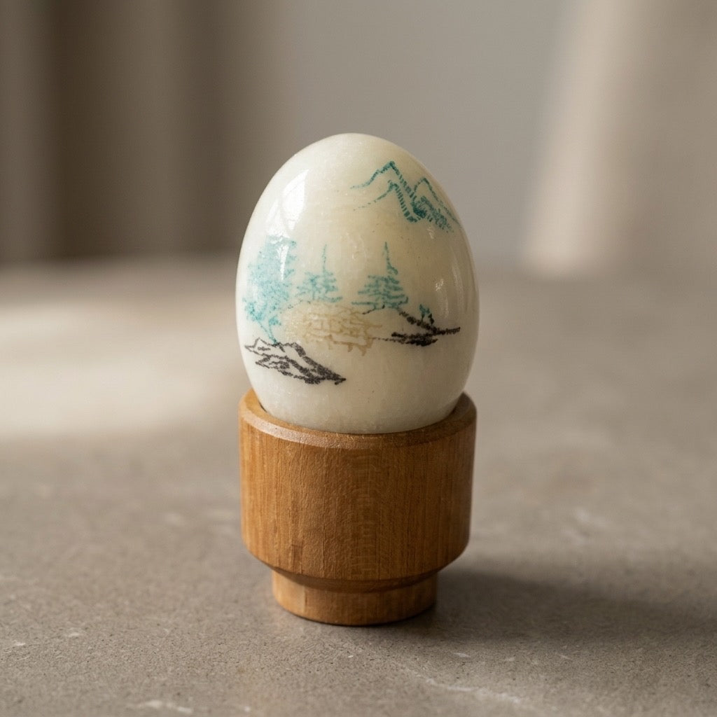 Hand Painted Marble Egg with Wooden Stand — Natural Stone Curio — main view