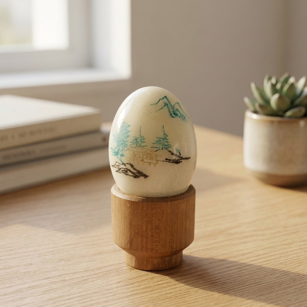 Hand Painted Marble Egg with Wooden Stand — Natural Stone Curio — detail view