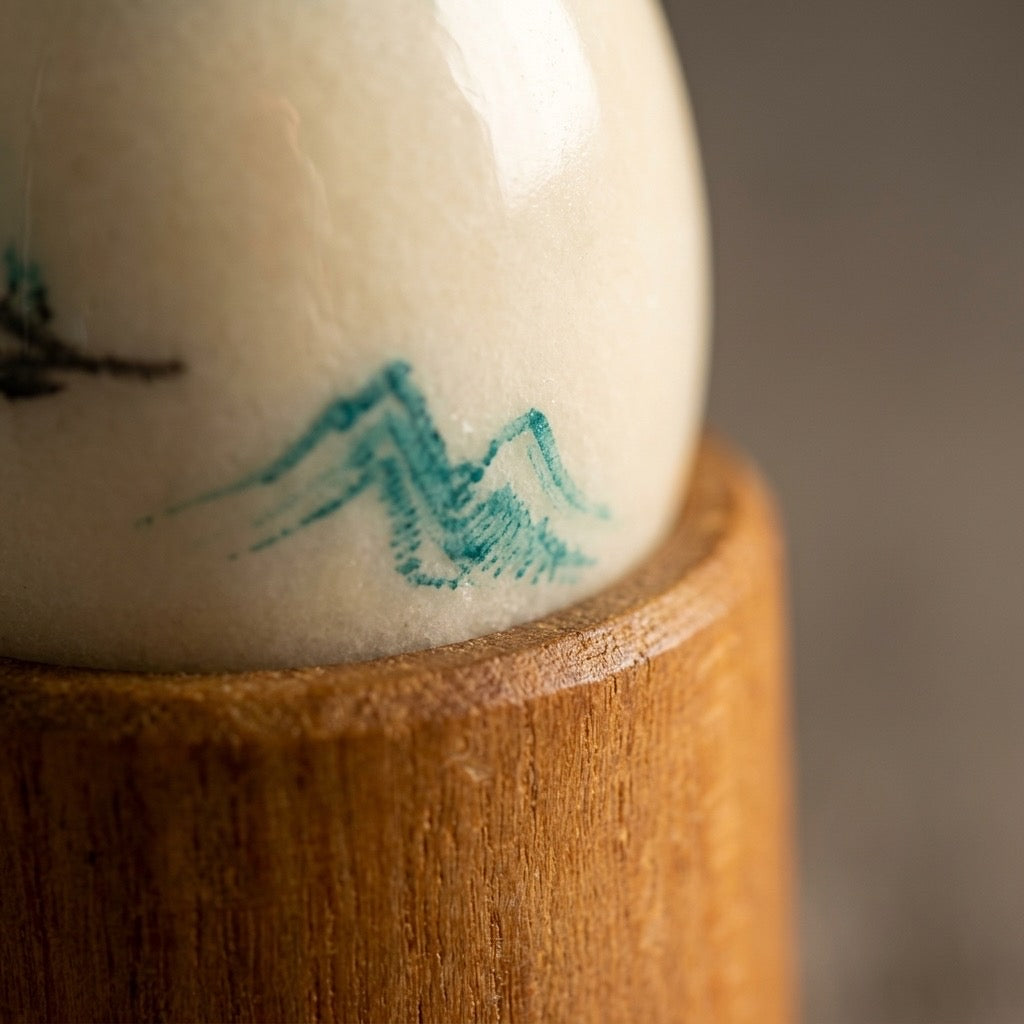 Hand Painted Marble Egg with Wooden Stand — Natural Stone Curio — detail view