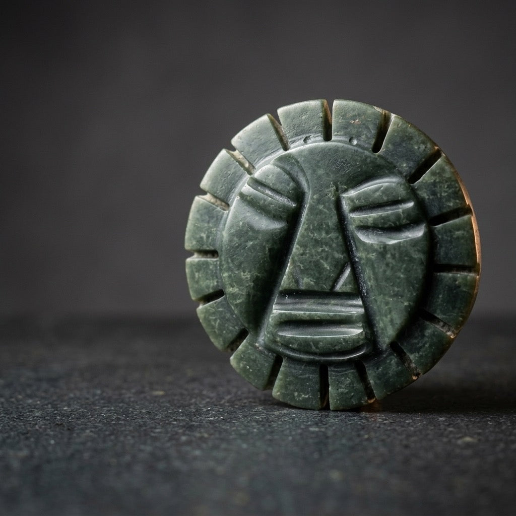 Hand-Carved Green Stone Incan / Aztec Sun Deity Sculpture — detail view