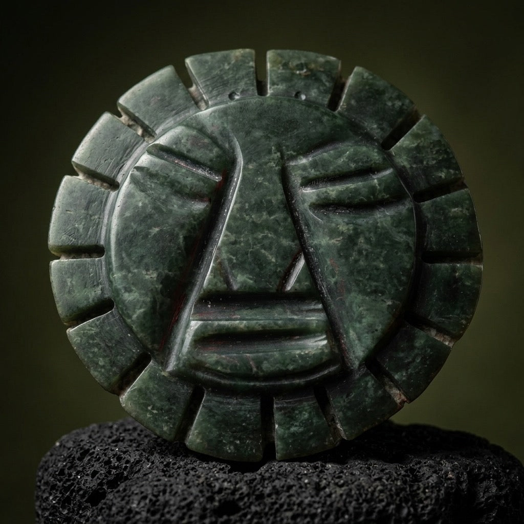 Hand-Carved Green Stone Incan / Aztec Sun Deity Sculpture — main view