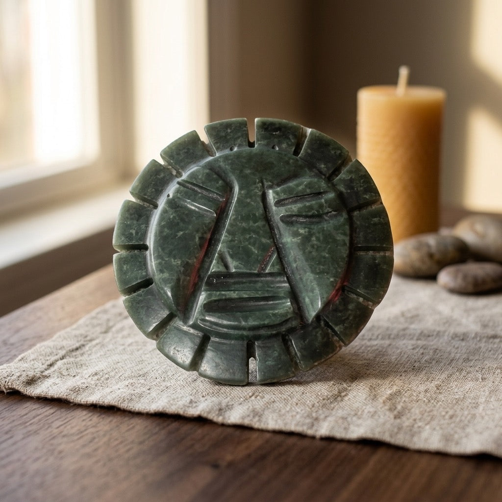 Hand-Carved Green Stone Incan / Aztec Sun Deity Sculpture — detail view