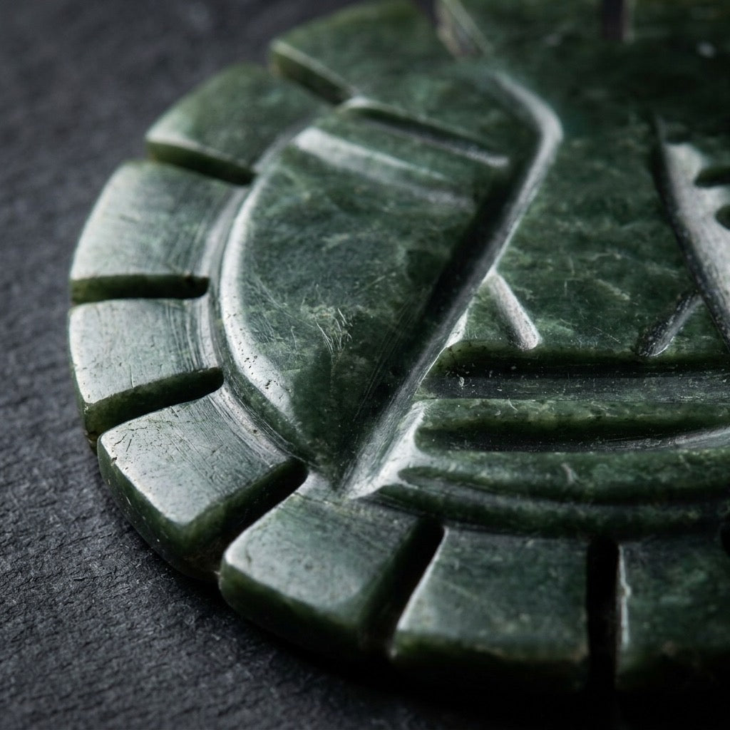 Hand-Carved Green Stone Incan / Aztec Sun Deity Sculpture — detail view