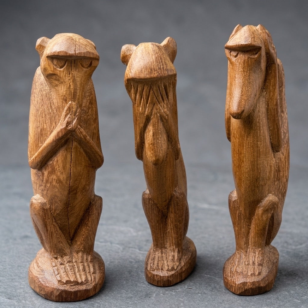 Hand-Carved Wooden Three Wise Monkeys Set — Folk Art Collectible — main view