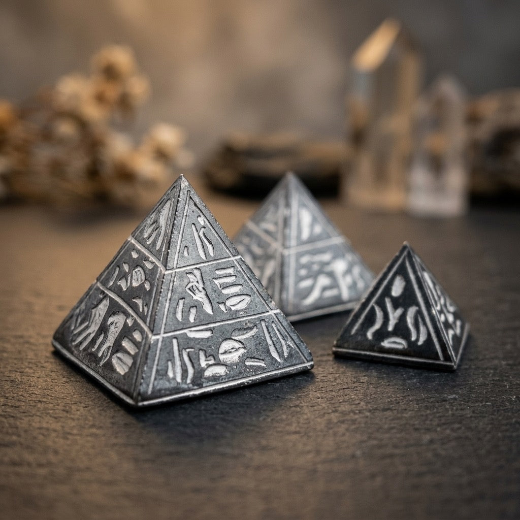 Hand-Engraved Basalt Egyptian Pyramid Paperweights — Hieroglyphic Design — detail view