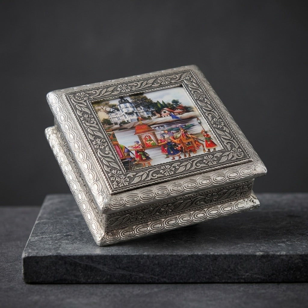 Handmade Indian Meenakari Trinket Box — Ornate Silver Metal & Painted Lid — main view