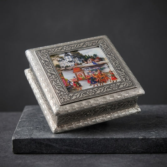 Handmade Indian Meenakari Trinket Box — Ornate Silver Metal & Painted Lid — main view