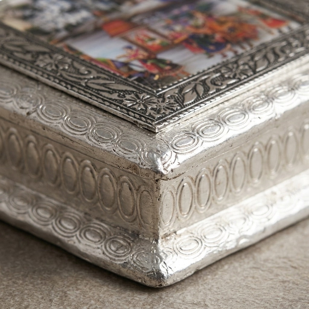 Handmade Indian Meenakari Trinket Box — Ornate Silver Metal & Painted Lid — detail view