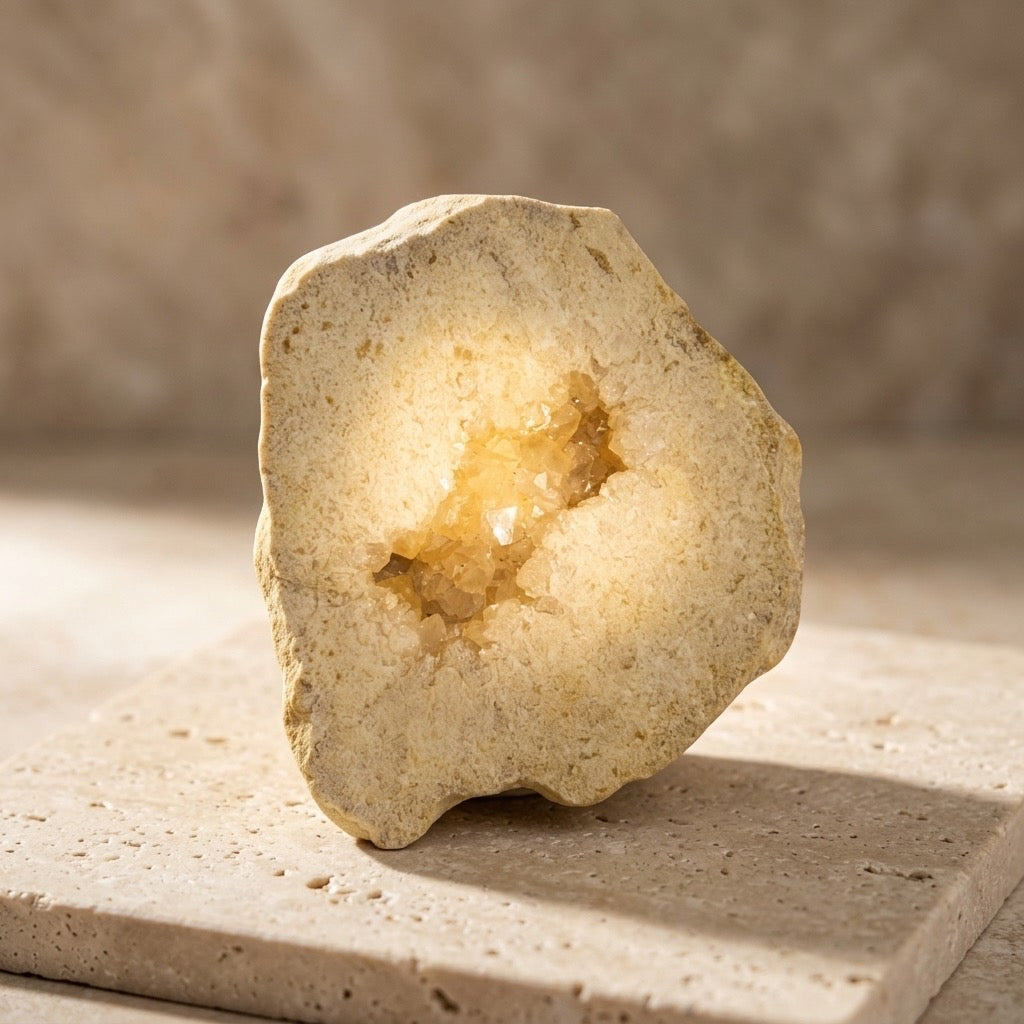 Calcite Geode — Crystal Interior, Earthy Exterior, 501g — main view