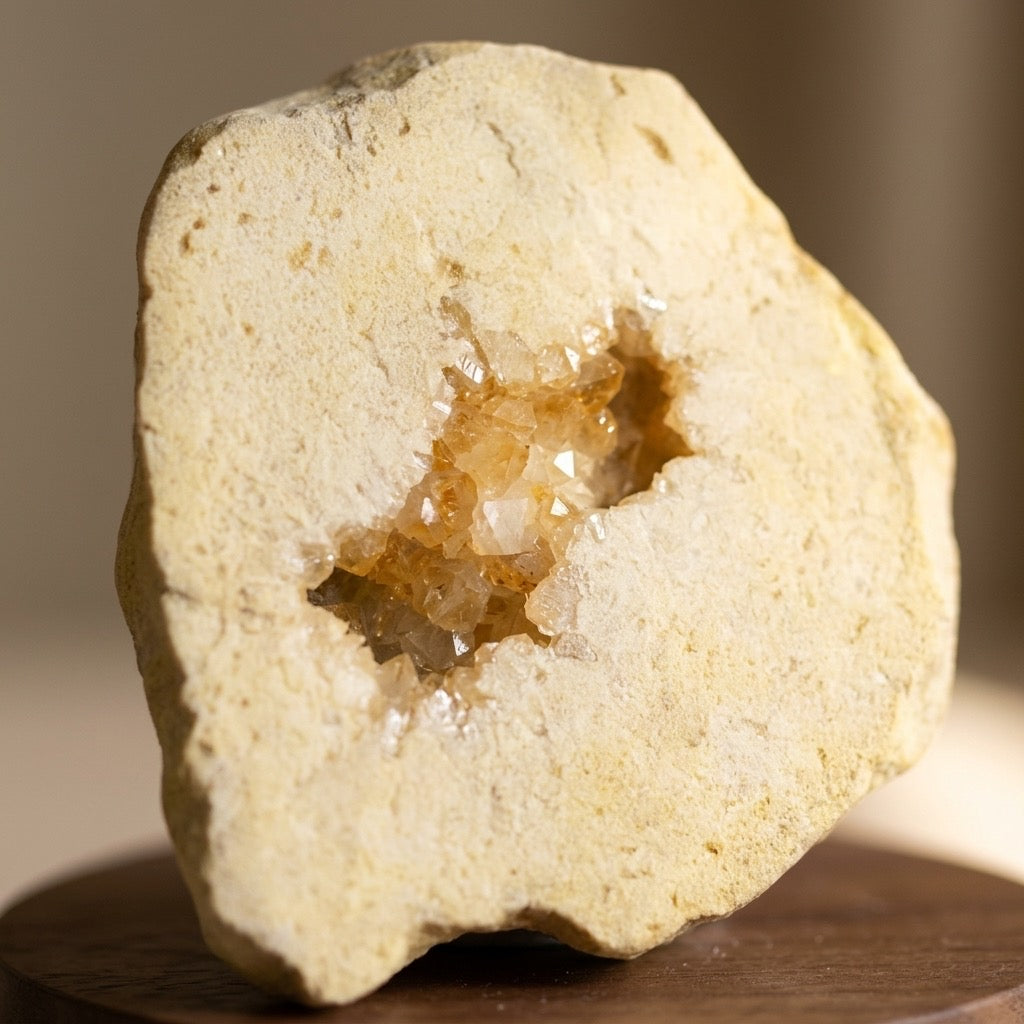 Calcite Geode — Crystal Interior, Earthy Exterior, 501g — detail view