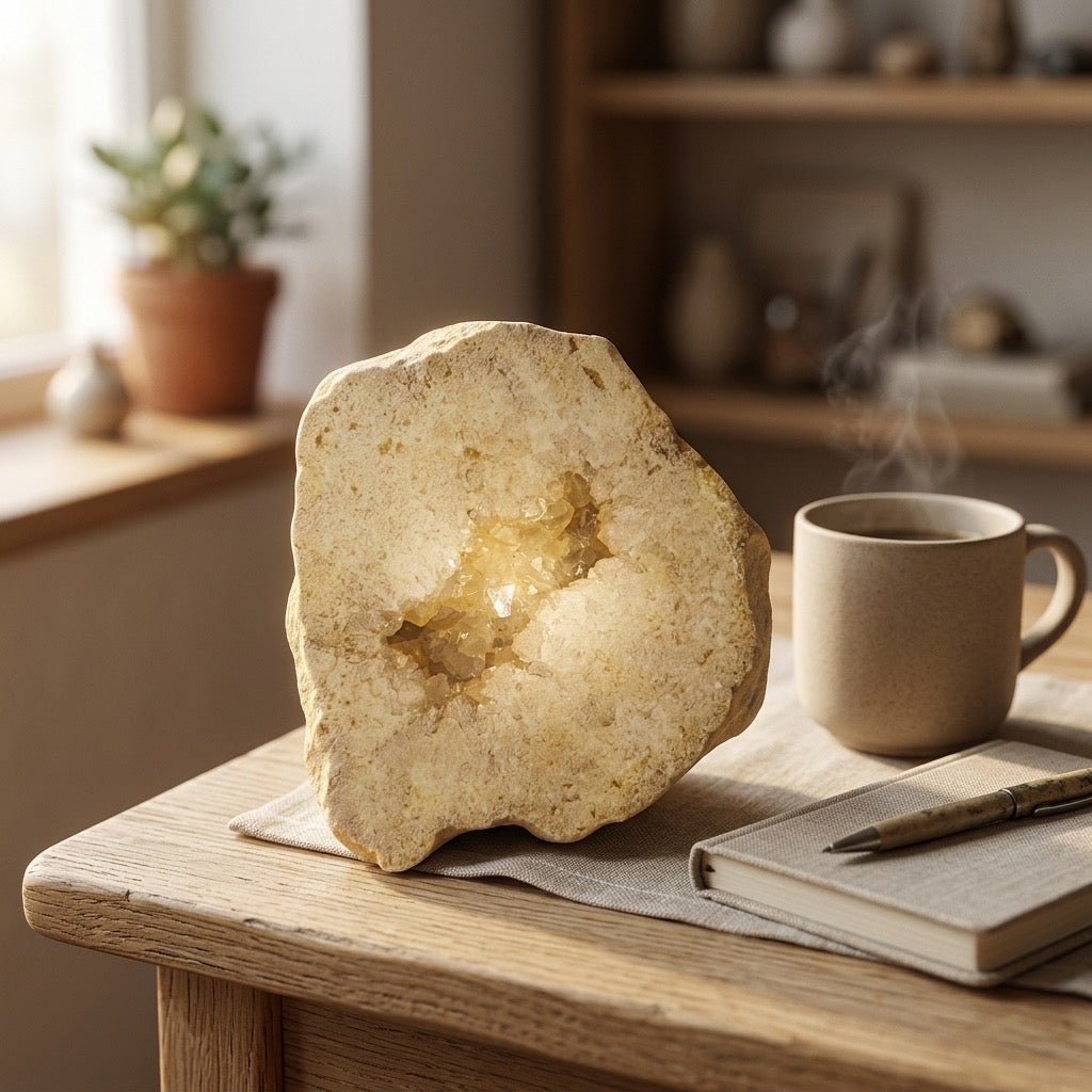 Calcite Geode — Crystal Interior, Earthy Exterior, 501g — detail view