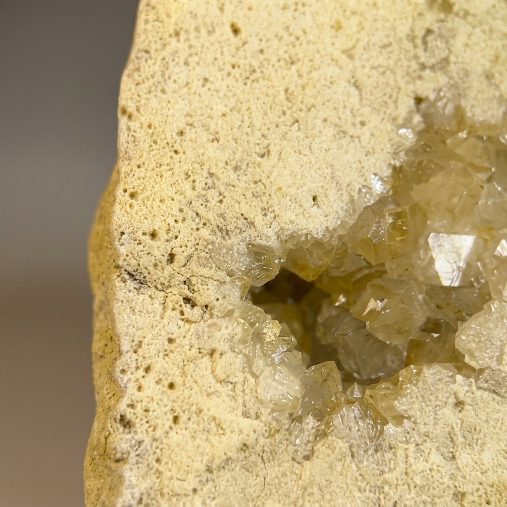 Calcite Geode — Crystal Interior, Earthy Exterior, 501g — detail view