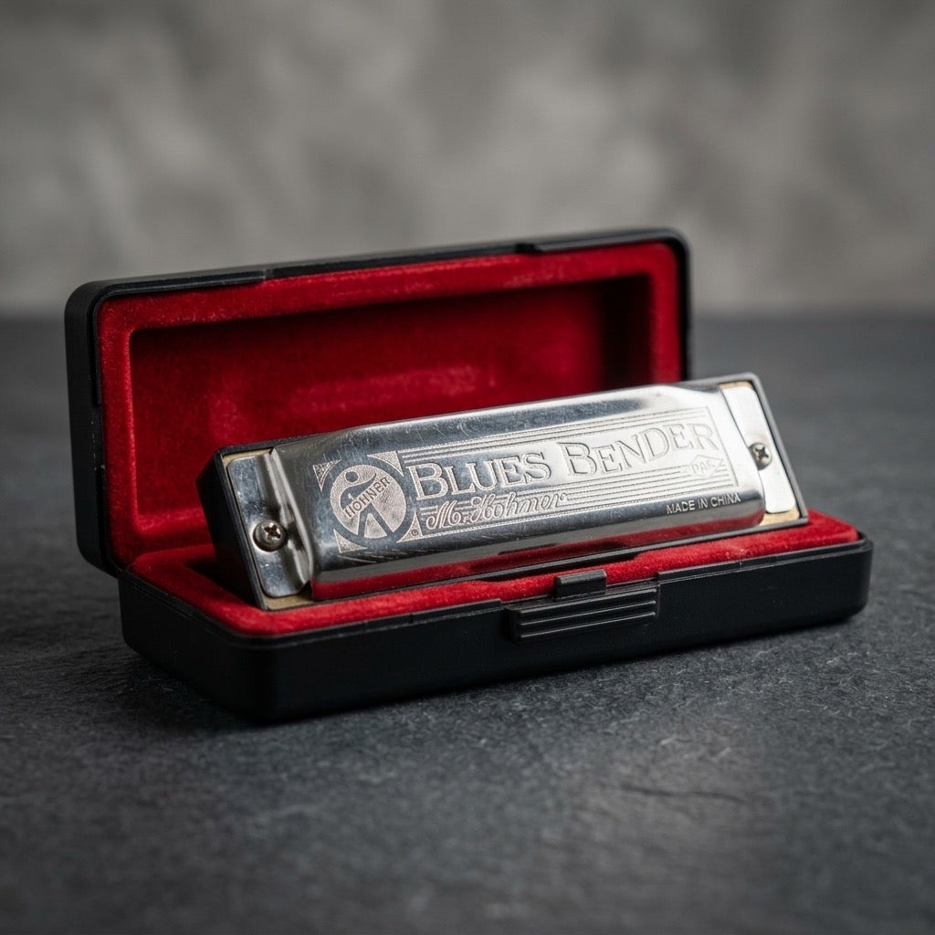 Hohner Blues Bender Harmonica — 10 Hole Diatonic Blues Harp with Red Case — detail view