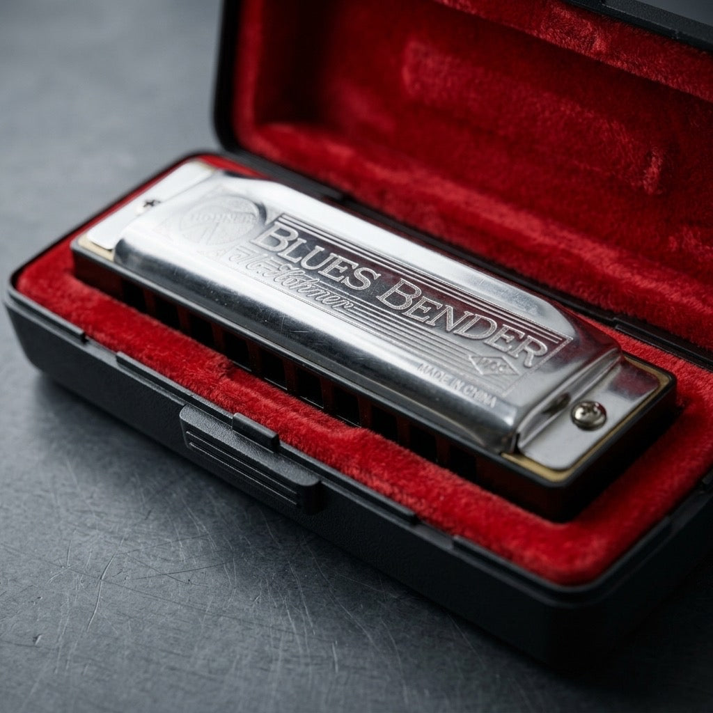 Hohner Blues Bender Harmonica — 10 Hole Diatonic Blues Harp with Red Case — detail view
