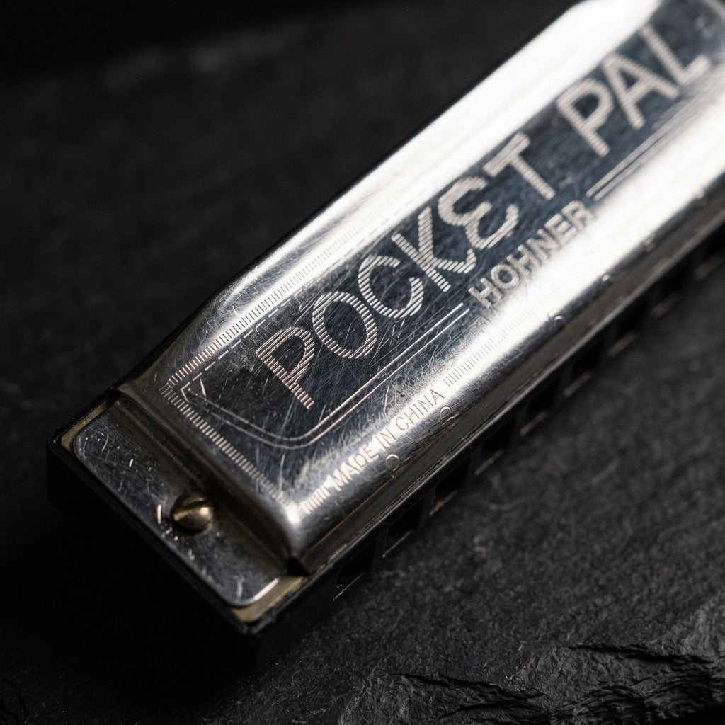 Vintage Hohner Pocket Pal Harmonica — Compact 10-Hole Blues Harp — detail view