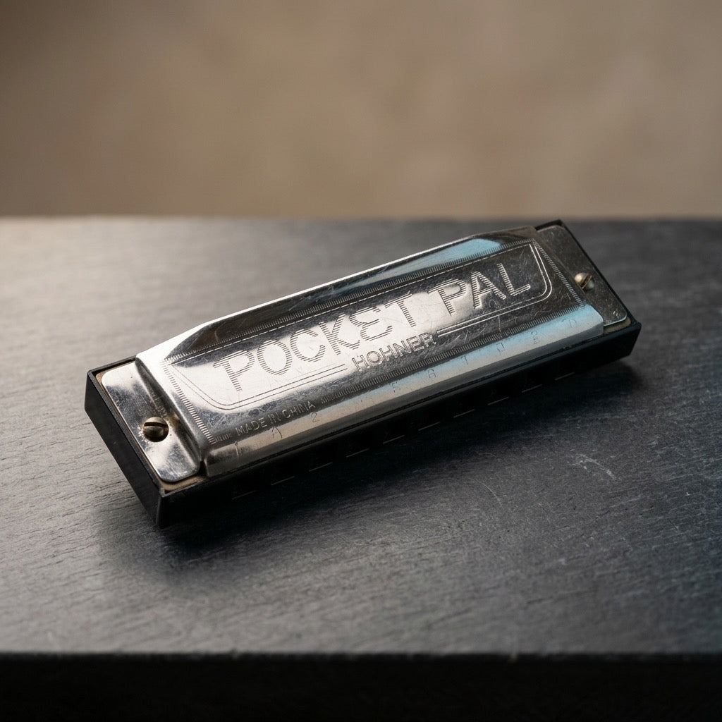 Vintage Hohner Pocket Pal Harmonica — Compact 10-Hole Blues Harp — detail view