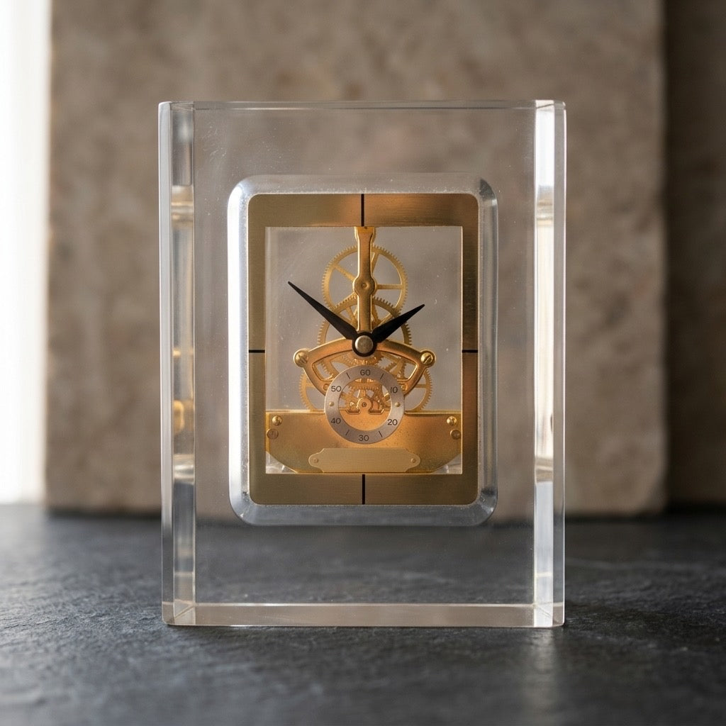Vintage 1980s Seiko Quartz Lucite Skeleton Mantel Clock — detail view