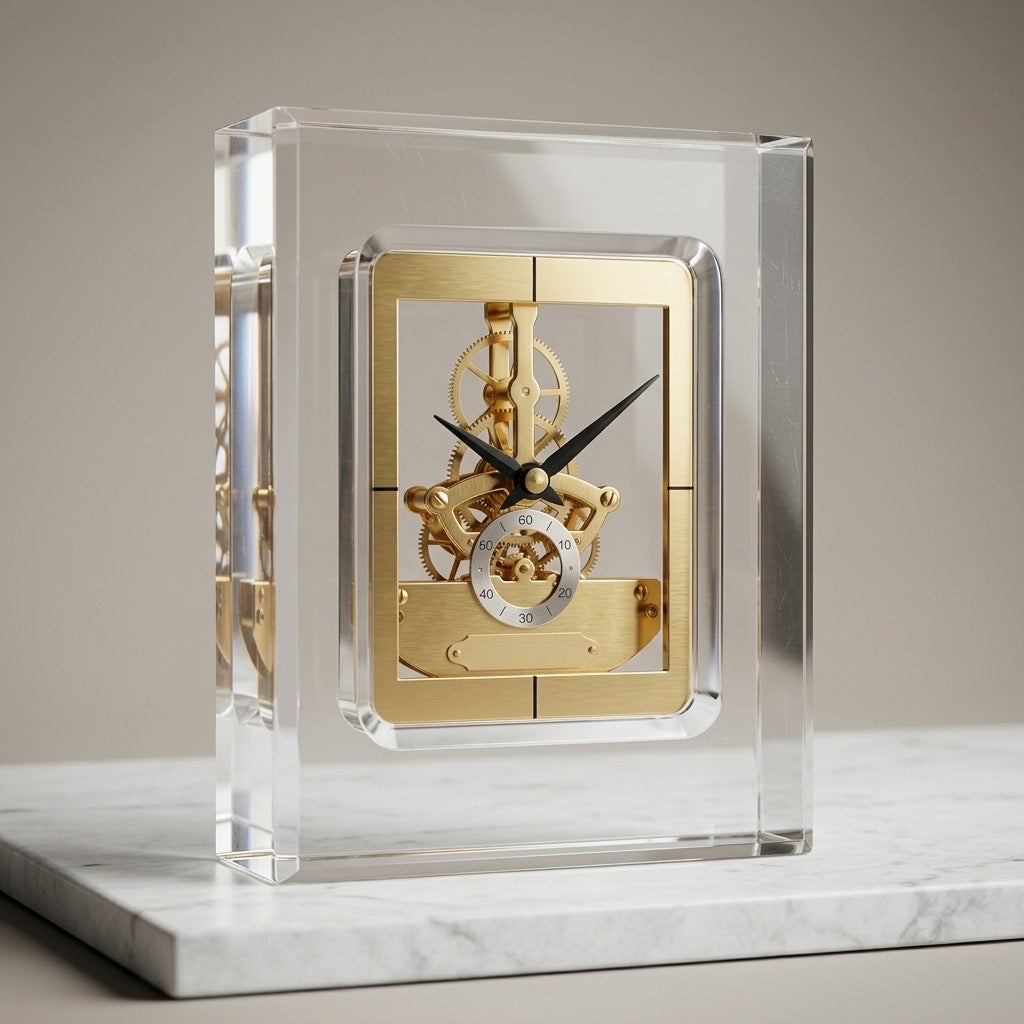 Vintage 1980s Seiko Quartz Lucite Skeleton Mantel Clock — main view