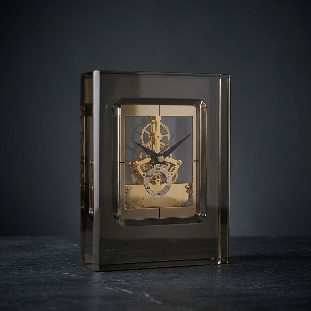 Vintage 1980s Seiko Quartz Lucite Skeleton Mantel Clock — detail view