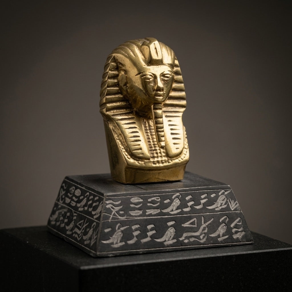 Vintage Brass Tutankhamun Pharaoh Bust Paperweight — Stone Base — main view