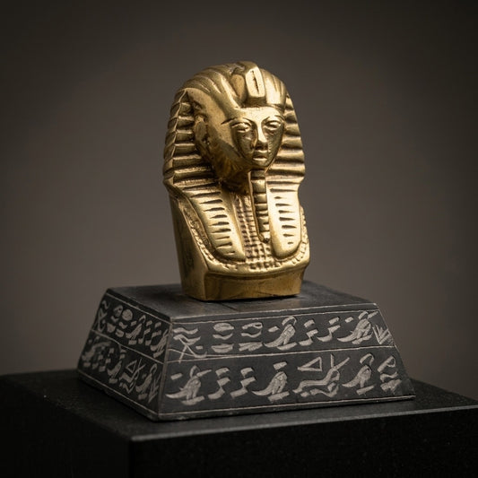 Vintage Brass Tutankhamun Pharaoh Bust Paperweight — Stone Base — main view
