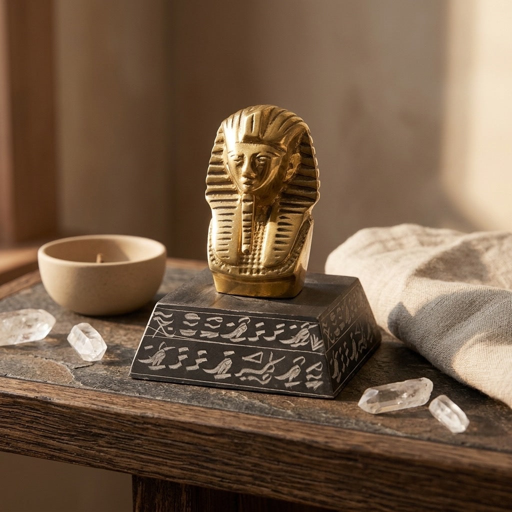 Vintage Brass Tutankhamun Pharaoh Bust Paperweight — Stone Base — detail view