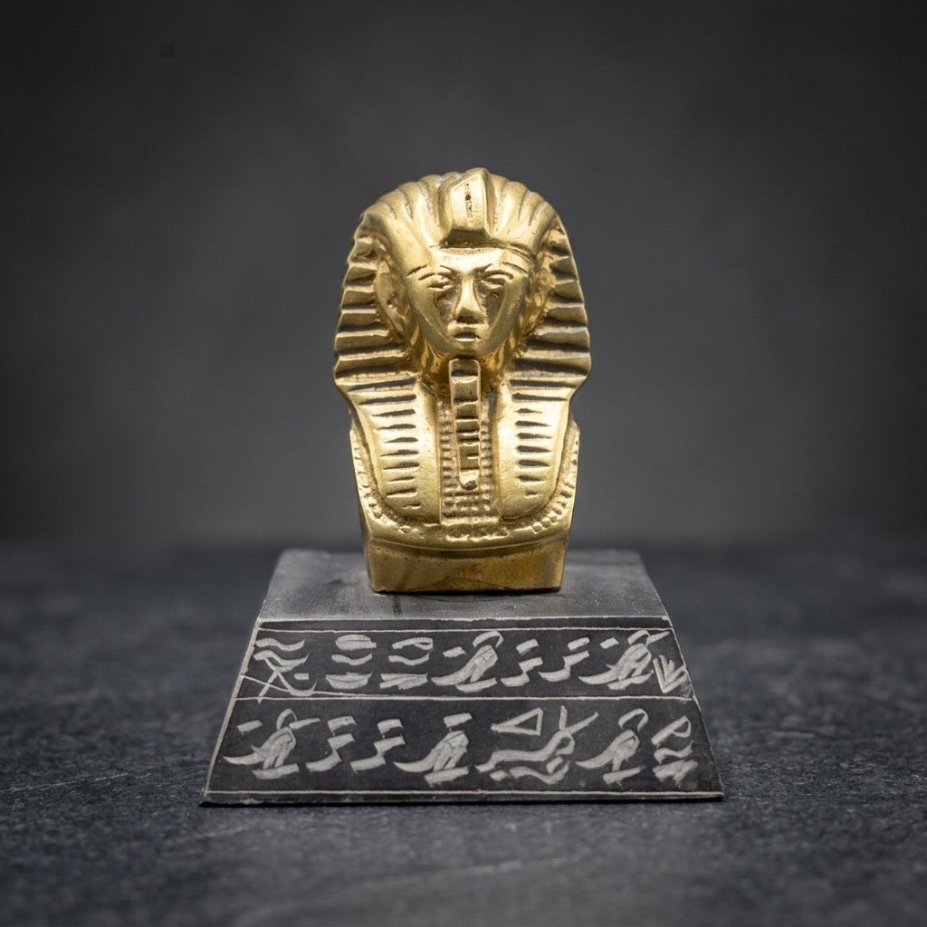 Vintage Brass Tutankhamun Pharaoh Bust Paperweight — Stone Base — detail view