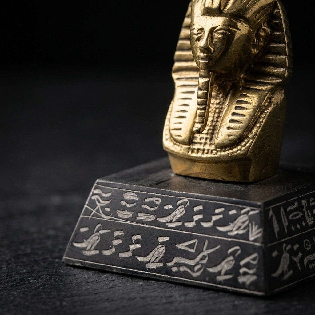 Vintage Brass Tutankhamun Pharaoh Bust Paperweight — Stone Base — detail view