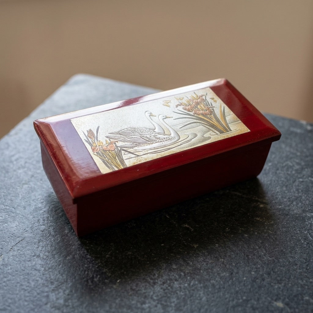 Vintage Westland Japan Red Lacquer Music Jewelry Box — Swan Lid — main view