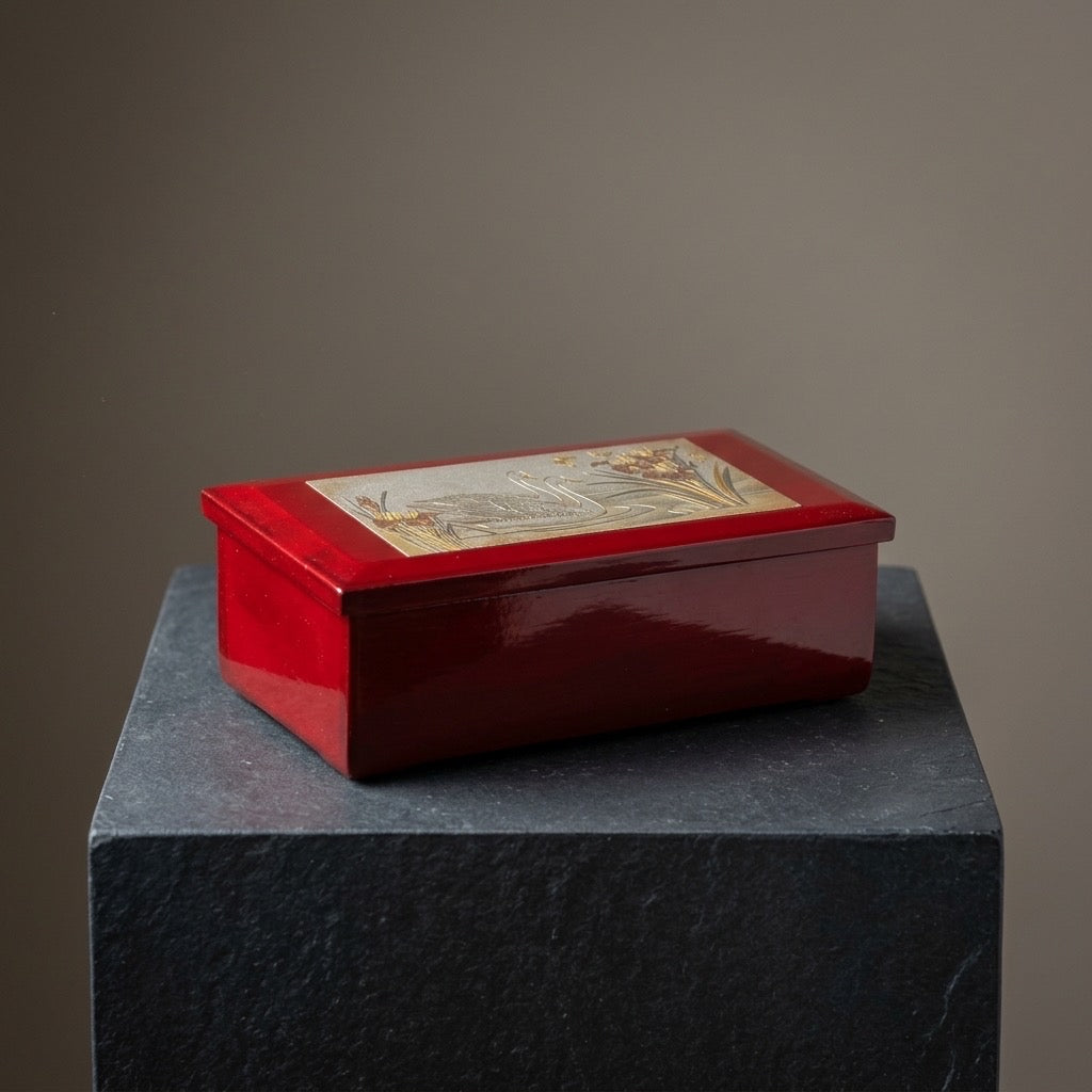 Vintage Westland Japan Red Lacquer Music Jewelry Box — Swan Lid — detail view