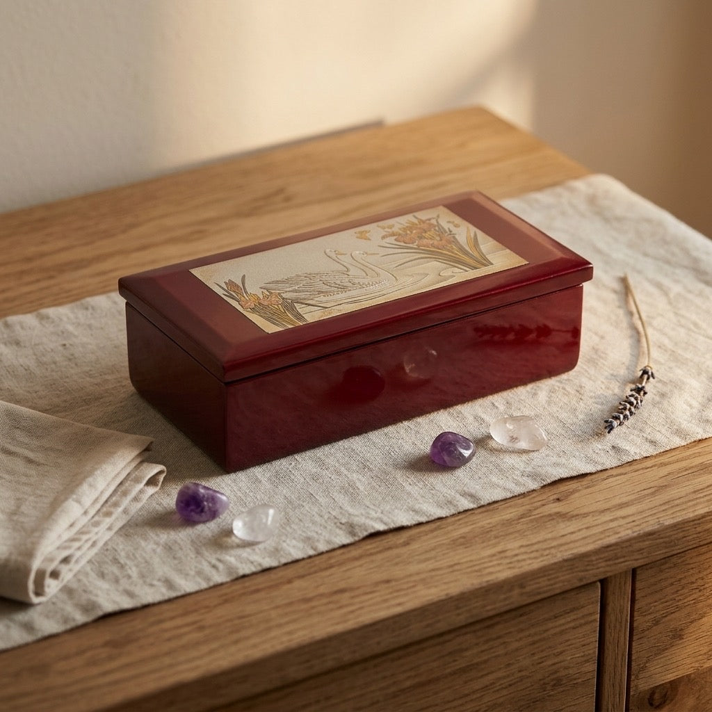 Vintage Westland Japan Red Lacquer Music Jewelry Box — Swan Lid — detail view
