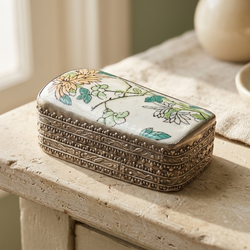 Vintage Chinese Porcelain & Silver-Plated Trinket Box — Handcrafted — detail view