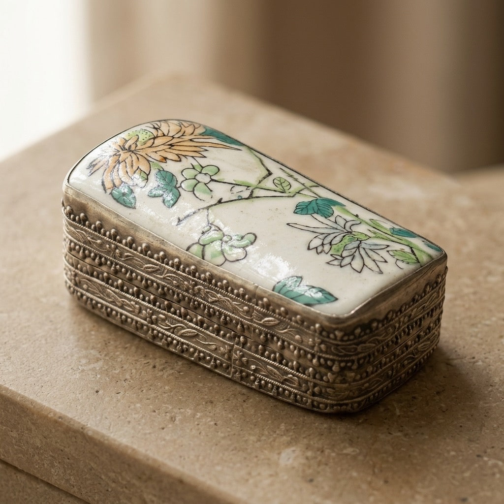 Vintage Chinese Porcelain & Silver-Plated Trinket Box — Handcrafted — main view