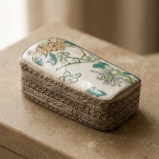 Vintage Chinese Porcelain & Silver-Plated Trinket Box — Handcrafted — main view
