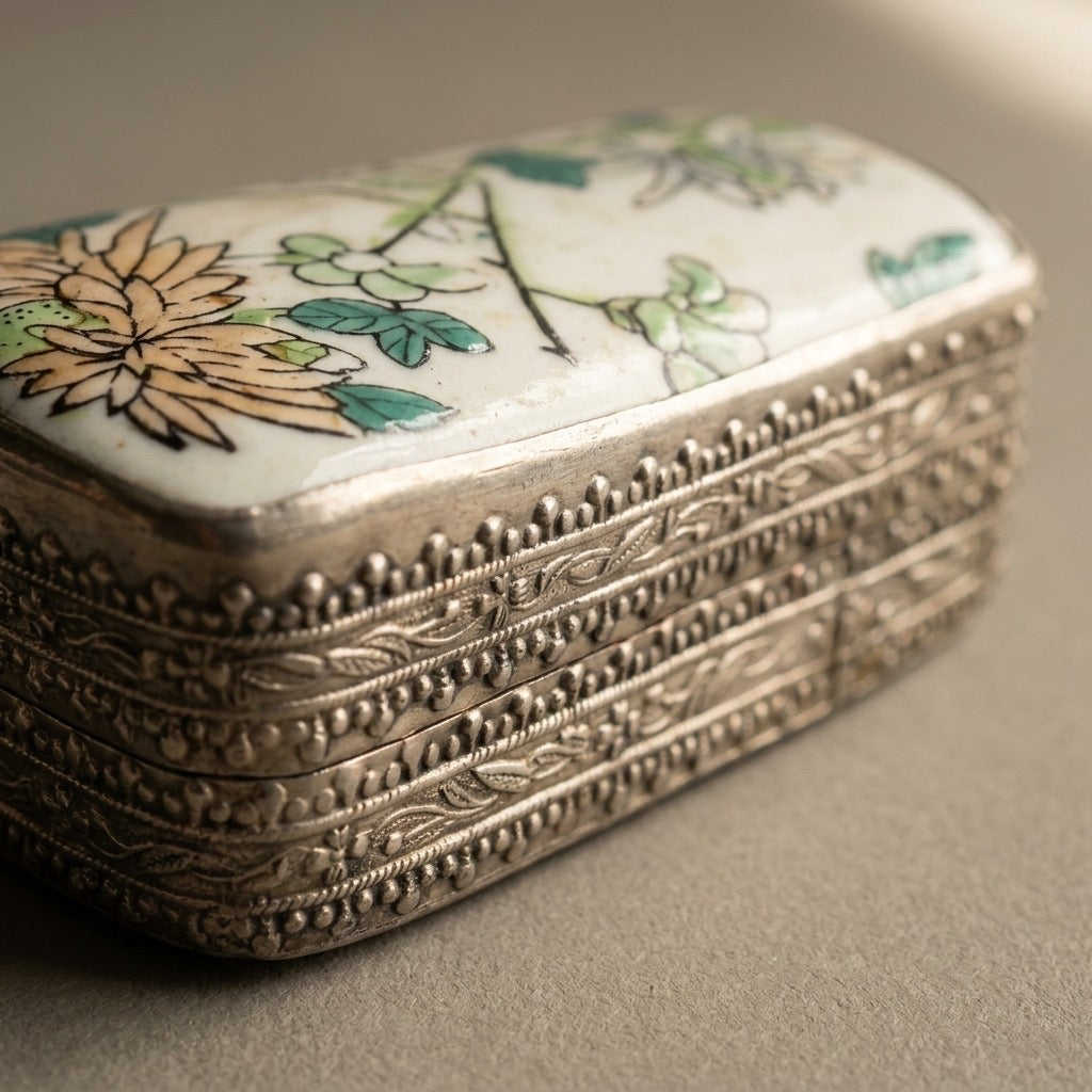 Vintage Chinese Porcelain & Silver-Plated Trinket Box — Handcrafted — detail view