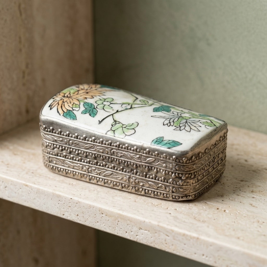 Vintage Chinese Porcelain & Silver-Plated Trinket Box — Handcrafted — detail view
