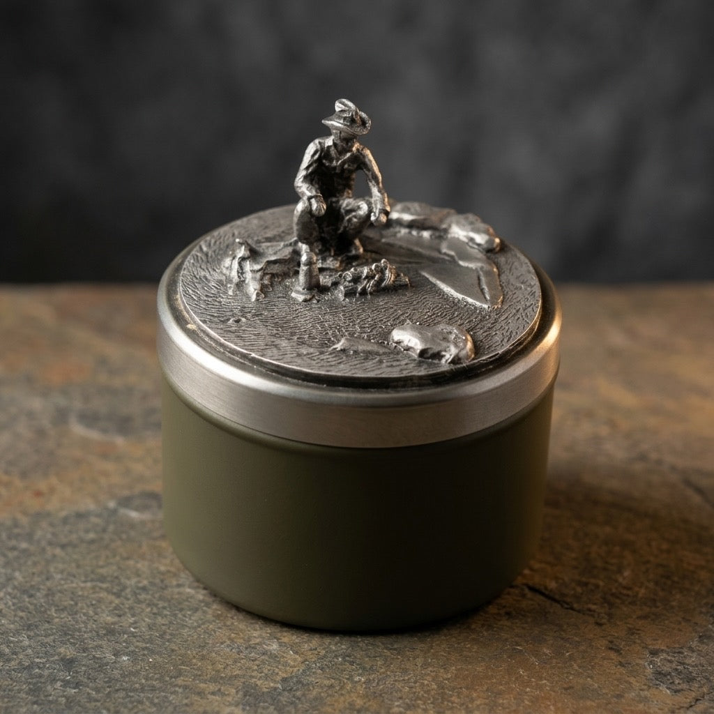 Vintage Metzke Pewter Trinket Box — Western Campfire Scene — main view