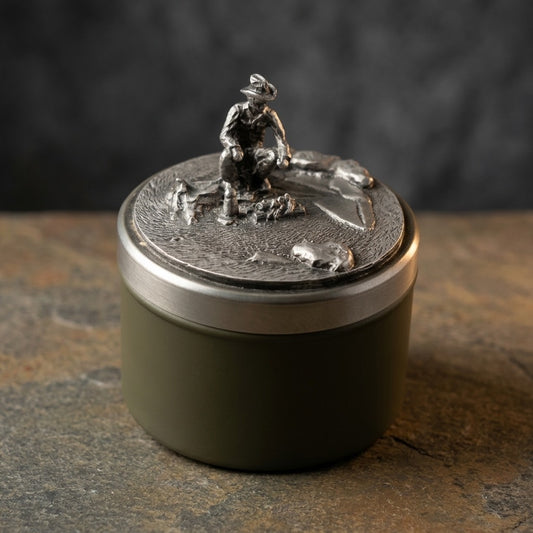 Vintage Metzke Pewter Trinket Box — Western Campfire Scene — main view