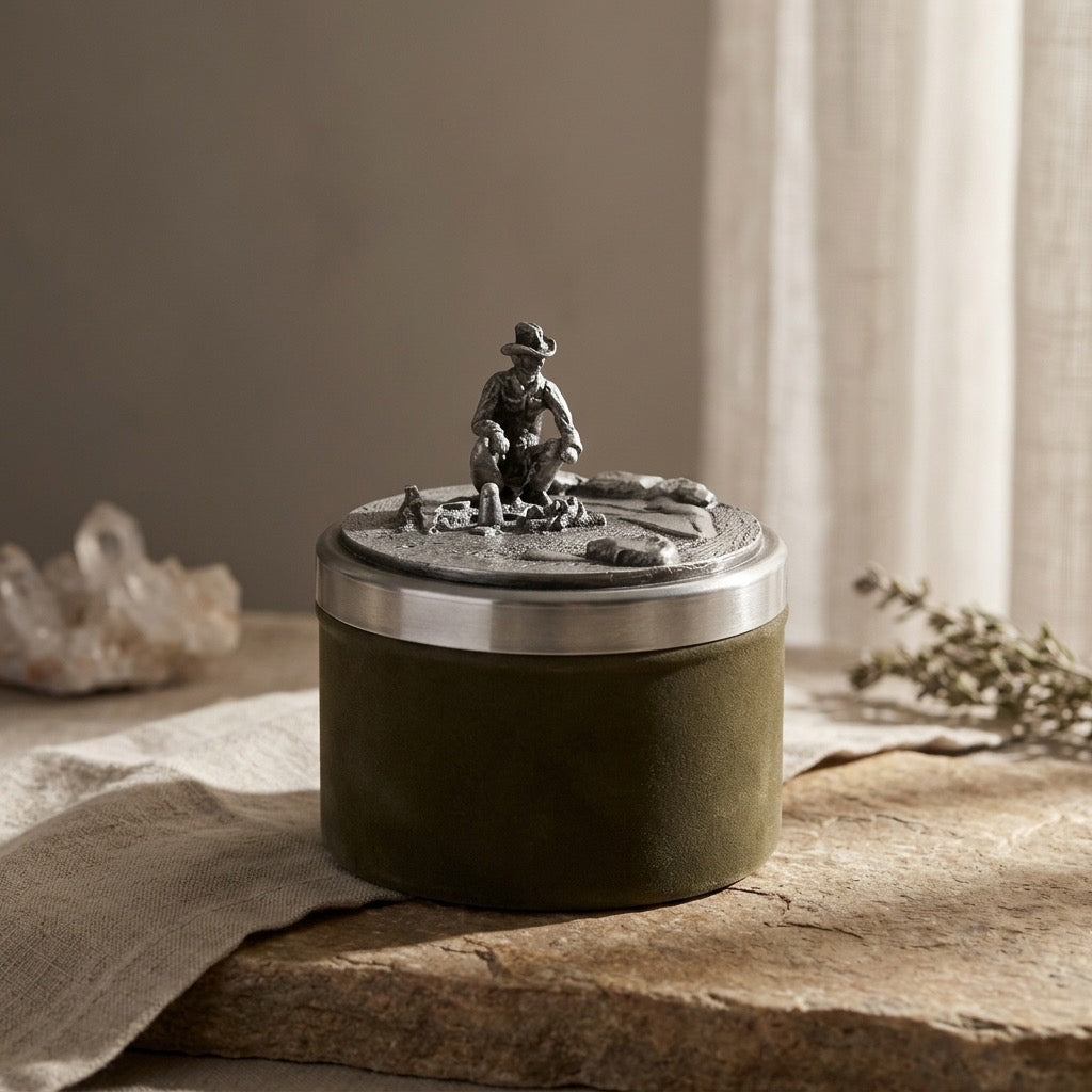 Vintage Metzke Pewter Trinket Box — Western Campfire Scene — detail view