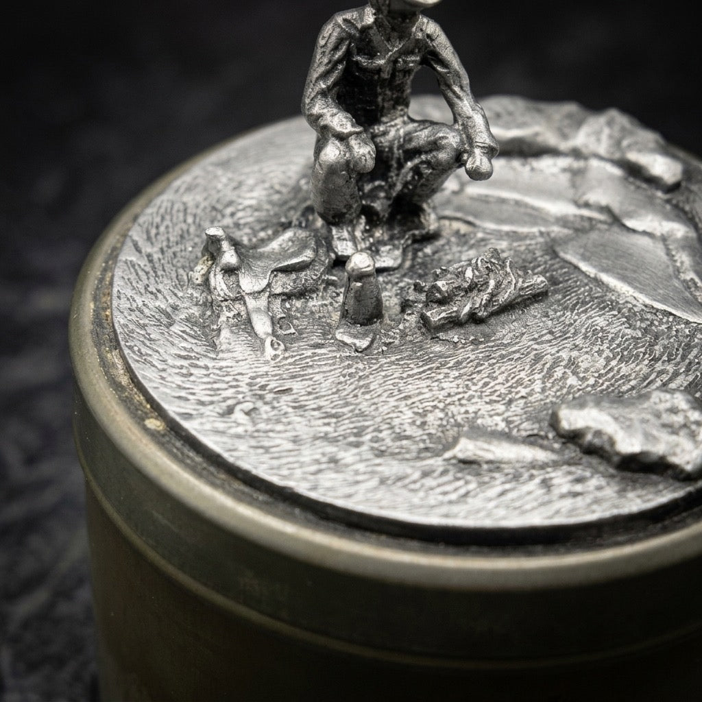 Vintage Metzke Pewter Trinket Box — Western Campfire Scene — detail view